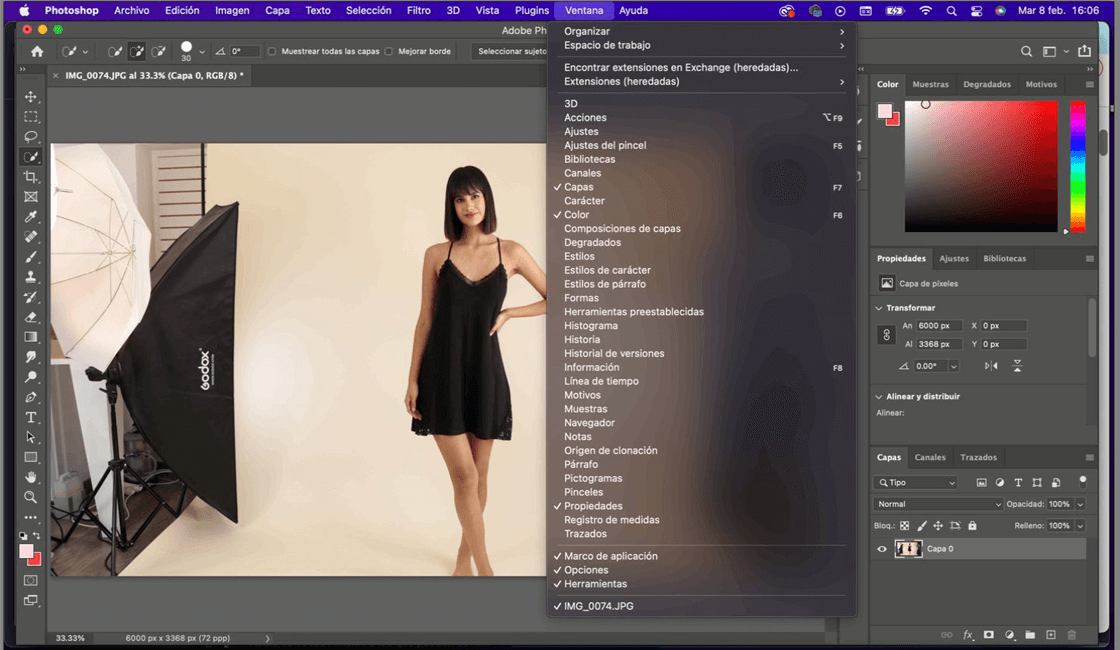 Ventana Opción indispensable del menú Adobe Photoshop